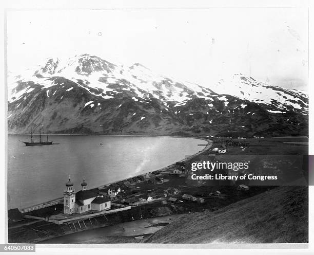 The town of Unalaska, on Unalaska Island, in the last years of the 19th Century. The town was founded in 1700s as the first headquarters of the...