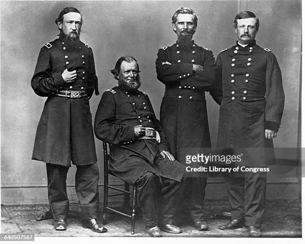 Left to right are, brevetted Brigadier General Benjamin Harrison , Brigadier General William Thomas Ward, brevetted Brigadier General Daniel Dustin,...