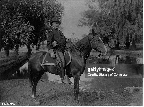 Colonel Richard H. Pratt sits atop his horse in his military uniform at the Carlisle Indian School, Carlisle, Pennsylvania. | Location: Carlisle...