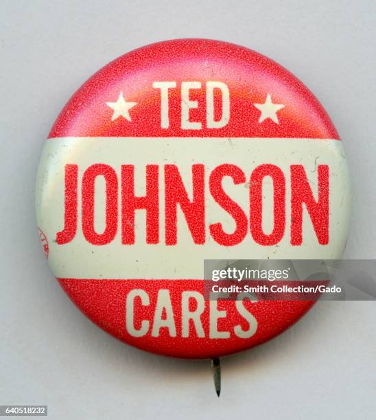 Pinback button with lettering reading Ted Johnson Cares, in the white and red colors of the Australian Labor party, 1950. .