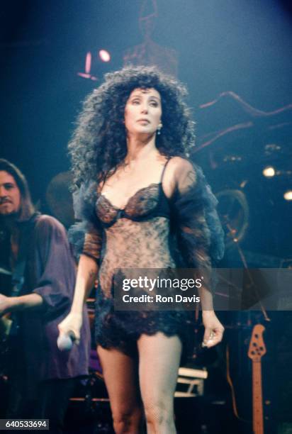 Singer and actress Cher performs on stage at the Mirage Hotel and Casino circa February, 1992 in Las Vegas, Nevada.
