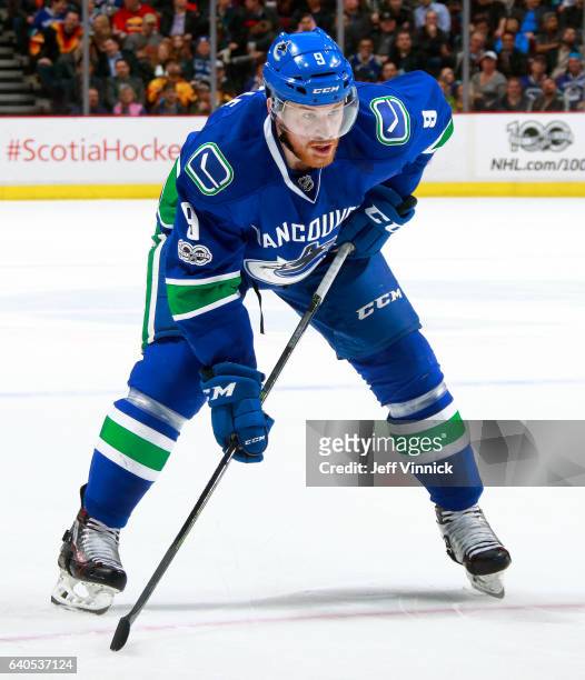 Jack Skille of the Vancouver Canucks waits for a face-off during their NHL game against the Nashville Predators at Rogers Arena January 17, 2017 in...