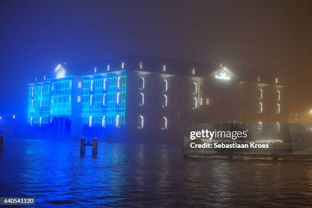 "blueprint" sculpture, scheepvaart museum, amsterdam light festival, the netherlands - scheepvaart stock pictures, royalty-free photos & images