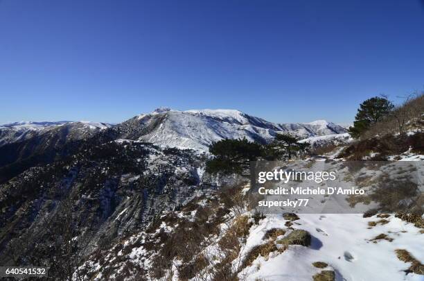 view over snow-covered mountains - supersky77 2014 foto e immagini stock