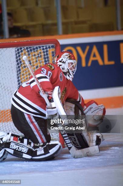 Ed Belfour of the Chicago Black Hawks skates in warmup prior to a game against the Toronto Maple Leafs on October 17, 1992 at Maple Leaf Gardens in...