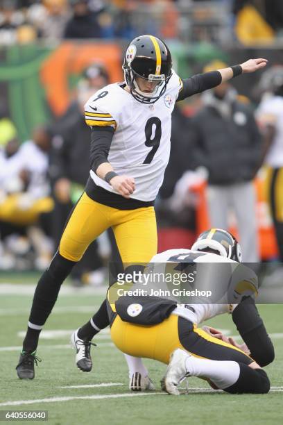 Chris Boswell of the Pittsburgh Steelers connects with the kick during the game against the Cincinnati Bengals at Paul Brown Stadium on December 18,...
