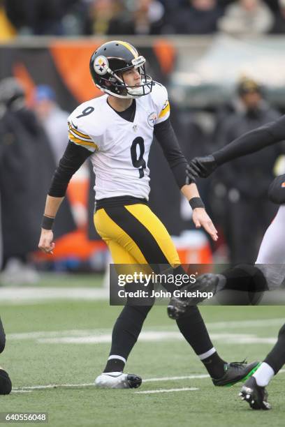 Chris Boswell of the Pittsburgh Steelers connects with the kick during the game against the Cincinnati Bengals at Paul Brown Stadium on December 18,...