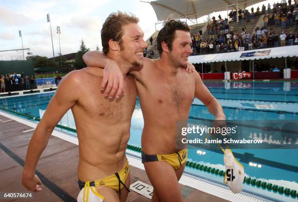 Thomas Pearson and Zac Monsees of the University of California-Berkeley celebrate their victory over USC during the Division I Men's Water Polo...