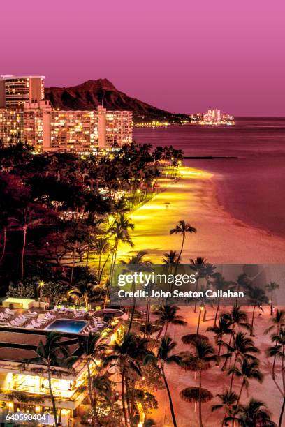 sunset at waikiki beach - diamond head stock pictures, royalty-free photos & images