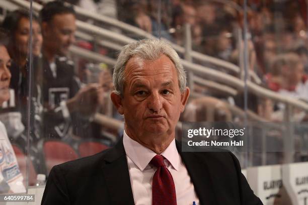 Head coach Darryl Sutter of the Los Angeles Kings looks on from the bench against the Arizona Coyotes at Gila River Arena on January 31, 2017 in...