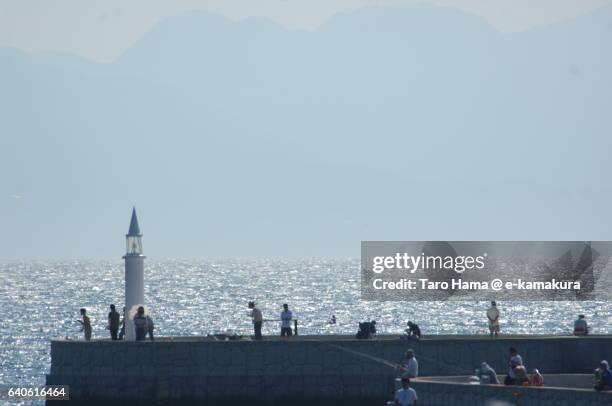 fishing on breakwater - groyne photos et images de collection