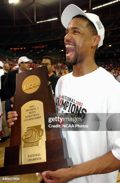 Byron Mouton of Maryland celebrates with the championship trophy following the NCAA Photos via Getty Images Men's Division I Basketball Championships...