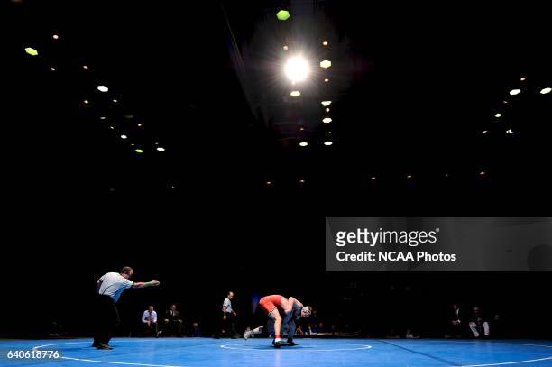John Helgerson of Wartburg takes on Mark Corsello of Elmhurst in the 285 lbs championship during the Division III Men's Wrestling Championship held...