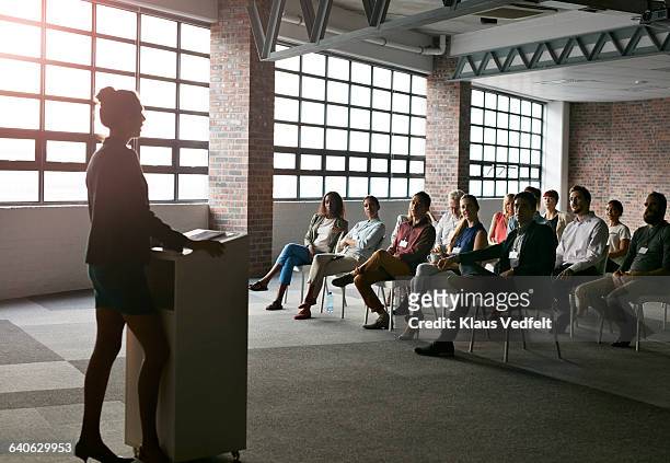 businesswoman doing presentation in auditorium - group of bipartisan house reps announce russian sanctions legislation stockfoto's en -beelden