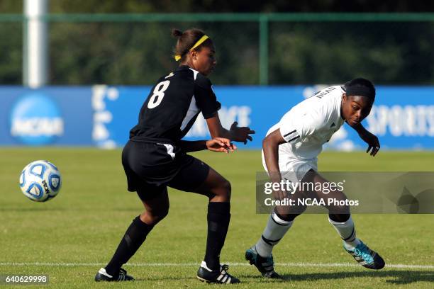 Sydney Bond of Saint Rose and Kayla Addison of GVSU battle for the ball during the Division II Women’s Soccer Championship held at the Ashton...