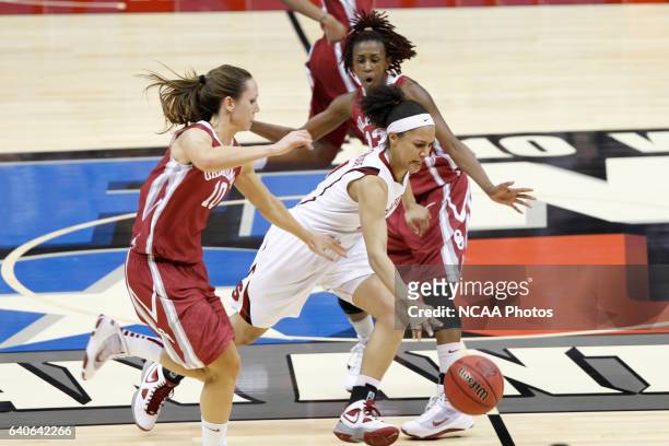 Stanford University guard Rosalyn Gold-Onwude dribbles through University of Oklahoma defenders Carlee Roethlisberger and Danielle Robinson during...