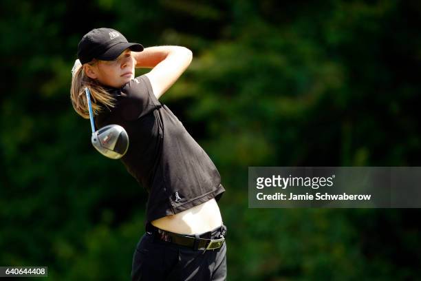 Maude-Aimee LeBlanc of Purdue University tees off during the Division I Women's Golf Championship held at the Country Club of Landfall-Dye Course in...