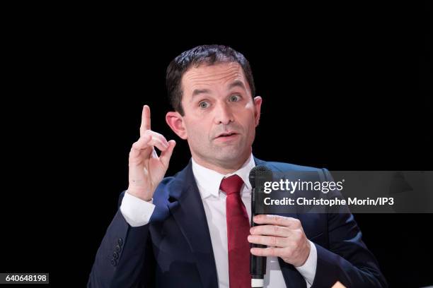 Candidate of the Socialist Party for the 2017 French Presidential Election Benoit Hamon delivers a speech during a presentation of the 22nd report on...