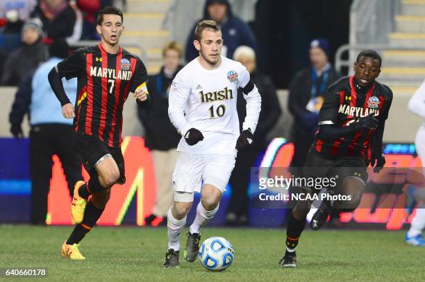 Harrison Shipp of the University of Notre Dame dribbles the ball downfield during the Division I Men’s Soccer Championship against the University of...