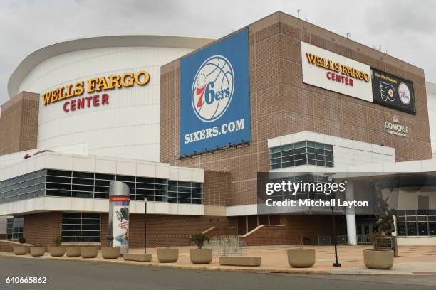 Exterior view of the Wells Fargo Center before a college basketball game between the Villanova Wildcats and the Virginia Cavaliers on January 29,...