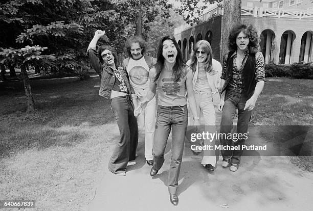 American rock group Journey, New York, June 1979. Left to right: guitarist Neal Schon, drummer Steve Smith, singer Steve Perry, bassist Ross Valory...