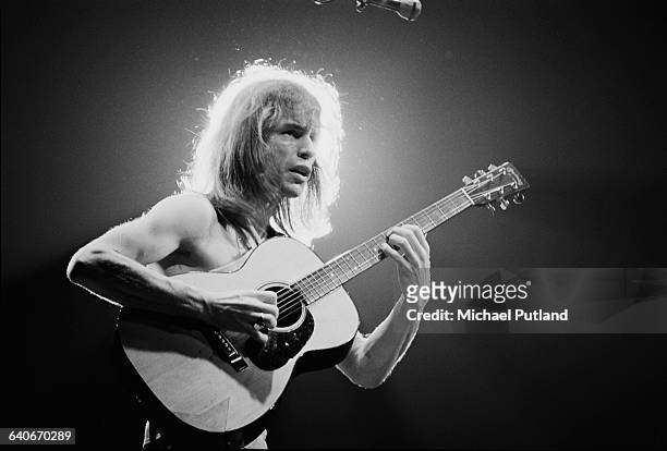 Guitarist Steve Howe performing with English progressive rock group Yes at Madison Square Garden, New York City, September 1978. The band played four...