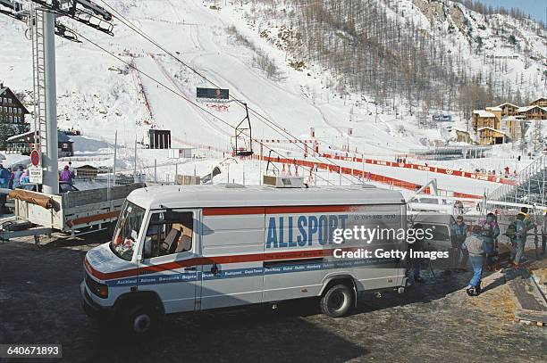 The Allsport sports photography agency mobile darkroom on 13 February 1992 at the XVI Olympic Winter Games in Tignes, Albertville, France.