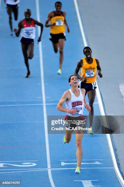 Cameron Levins of Southern Utah celebrates his first place finish in the men's 5,000 meter race during the Division I Men's and Women's Outdoor Track...