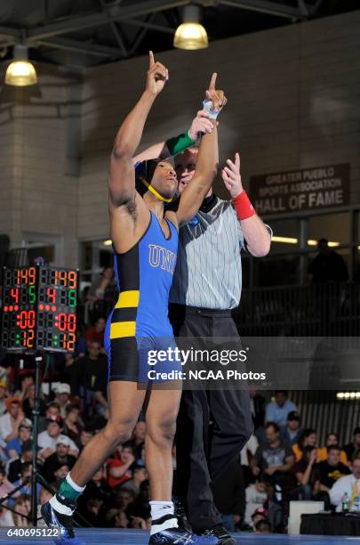 Raufeon Stots from the University of Nebraska Kearney celebrates after defeating John Hagerty from Maryville University during the Division II Men's...
