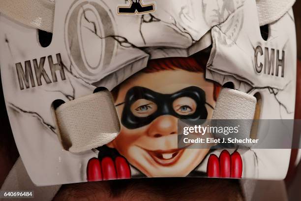 Close up view of the art work on Goaltender Andrew Hammond of the Ottawa Senators helmet during warm ups against the Florida Panthers at the BB&T...