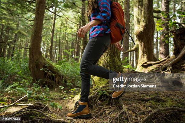 a woman hiking in a dense forest. - wanderschuhe stock-fotos und bilder