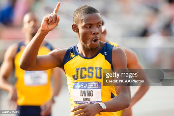 Akino Ming of Johnson C. Smith University celebrates as he crosses the finish line in the 400 Meter Dash during the NCAA Photos via Getty Images...