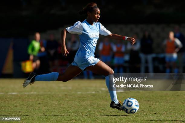 Crystal Dunn of the University of North Carolina advances the ball upfield against Penn State University during the Division I Women's Soccer...