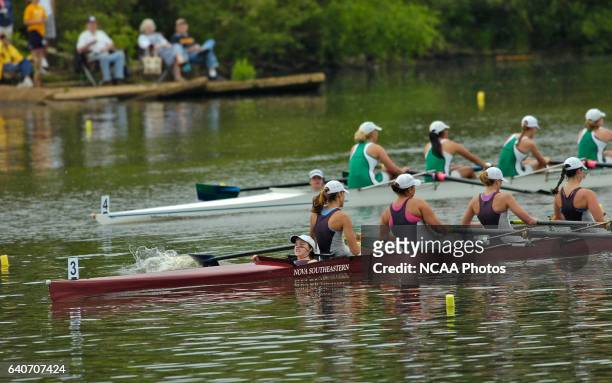 Nova Southeastern University, led by coxswain Heather Clayton, races toward the finish line of the Division II Fours Final Race during the NCAA...
