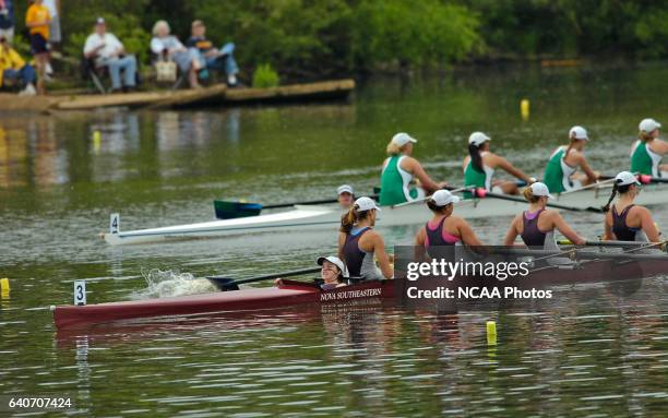 Nova Southeastern University, led by coxswain Heather Clayton, races toward the finish line of the Division II Fours Final Race during the NCAA...