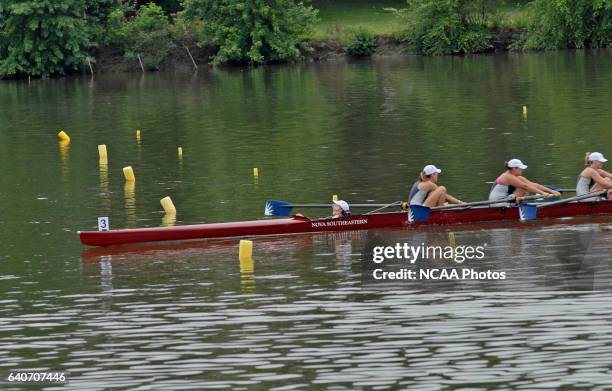 Nova Southeastern University, led by coxswain Heather Clayton, races toward the finish line of the Division II Fours Final Race during the NCAA...