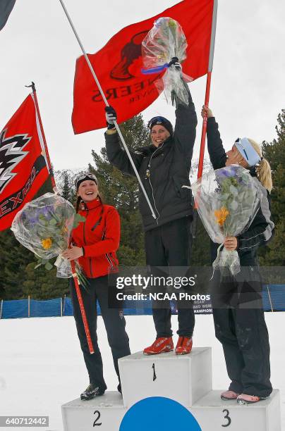 The top three finishers in the Women's 15k classic celebrate during the Men's and Women's Skiing Championships held at Bohart Ranch Cross Country Ski...