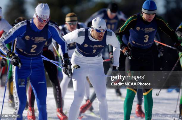 Top three finishers of Men's 20k classic start shoulder to shoulder during the Men's and Women's Skiing Championships held at Bohart Ranch Cross...