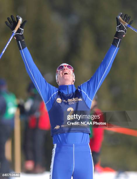 Maruis Korthauer of the University of Alaska Fairbanks celebrates after winning the Men's 20k classic as part of the Men's and Women's Skiing...