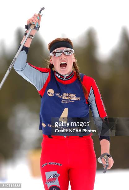 Polina Ermoshina of the University of New Mexico celebrates her second place finish during the Women's 15k classic as part of the Men's and Women's...