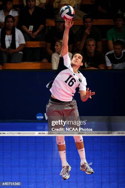 Luke Murray of Penn State University serves against Pepperdine University during the Division I Men?s Volleyball Finals held at the Bren Events...