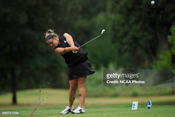 Kristina Langton of Grand Valley State University hits a drive during the Division II Women's Golf Championship held at Memorial Park in Houston, TX....