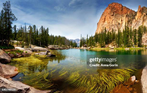 peak known as elephant's perch towers over saddleback lakes in idaho's sawtooth mountains in summer - idaho fotografías e imágenes de stock