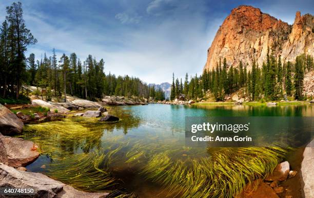peak known as elephant's perch towers over saddleback lakes in idaho's sawtooth mountains in summer - idaho stock pictures, royalty-free photos & images