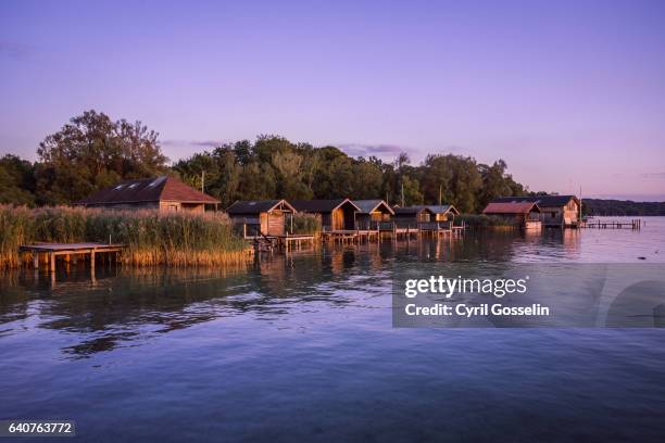 boat houses at starnberg lake - holzsteg stock pictures, royalty-free photos & images