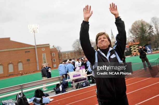 Head Coach Karen Shelton of the University of North Carolina waves to the crowd after defeating the University of Maryland during the Division I...