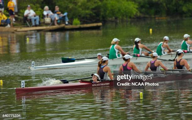 Nova Southeastern University, led by coxswain Heather Clayton, races toward the finish line of the Division II Fours Final Race during the NCAA...