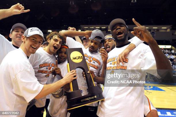 Aaron Laflin , Tyler Evans , Marcus Parker , Josh Bostic , Morgan Lewis and Lee Roberts of Findlay celebrate with the championship trophy after...
