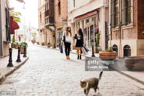 two female friends shopping in istanbul - istanbul street stock pictures, royalty-free photos & images