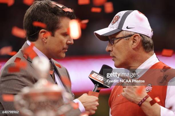 Head Coach Jim Tressel of Ohio State University talks with ESPN after winning the Allstate Sugar Bowl held at the Lousianna Superdome in New Orleans,...